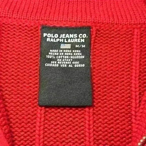 Men’s Vintage Polo Ralph Lauren Red Half Zip Mock Neck Flag Logo Sweater- Medium - Picture 10 of 12